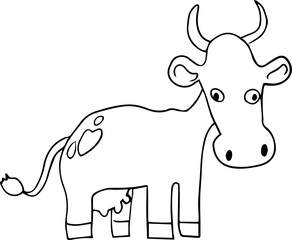 a horned cow with a large head and spots on its side