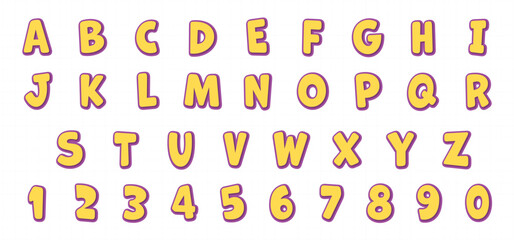 cartoon bold yellow alphabet and number font effect style