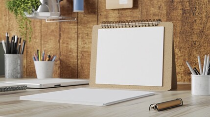 Blank calendar mockup on desk, wooden background, office supplies