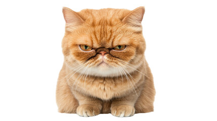 Grumpy red persian cat sitting and showing displeasure on transparent background