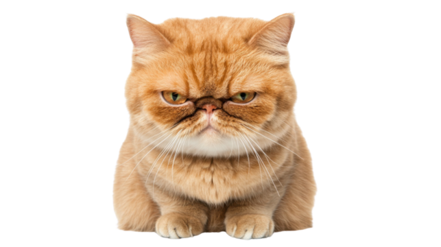 Grumpy red persian cat sitting and showing displeasure on transparent background