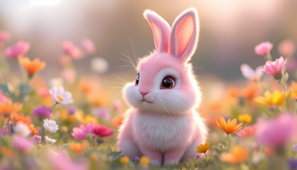 Obraz premium Adorable Pink Bunny in a Spring Flower Field