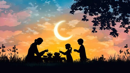 Obraz premium Silhouette Family Dinner Under Crescent Moon