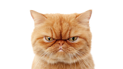 Grumpy ginger persian cat making angry face on transparent background