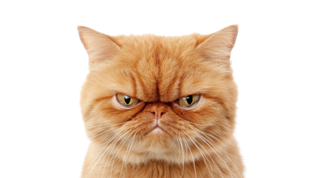 Grumpy ginger persian cat making angry face on transparent background