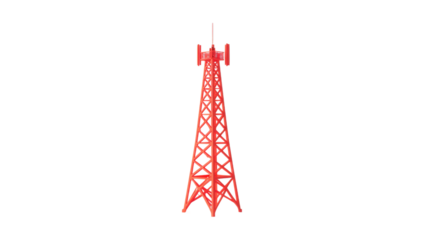 Red telecommunication tower standing tall on transparent background