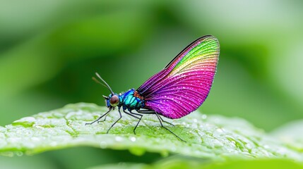 Iridescent butterfly on leaf, rainforest background, nature photography for websites