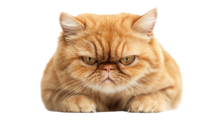 Grumpy ginger persian cat lying down on transparent background