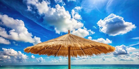 Blue skies, billowing clouds frame a beach concert; straw umbrellas dot the sand, capturing the perfect summer holiday vibe.