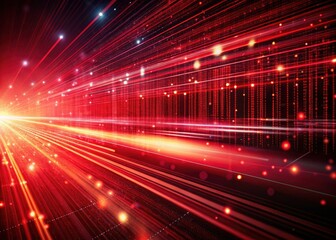 Blurred digital art depicts flowing red data streams and light lines within an abstract matrix.