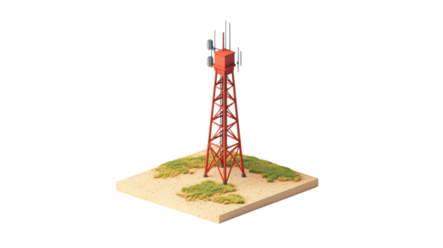Red telecommunication tower standing on a piece of land with transparent background