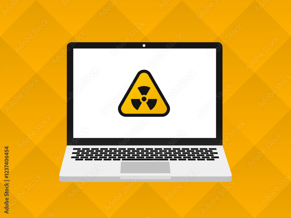 Poster device model with flat design, laptop computer viewed from front with danger icon