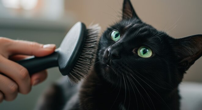 Black Cat Grooming Photograph with Close-Up Detailing of Luxurious Fur Care and Relaxation