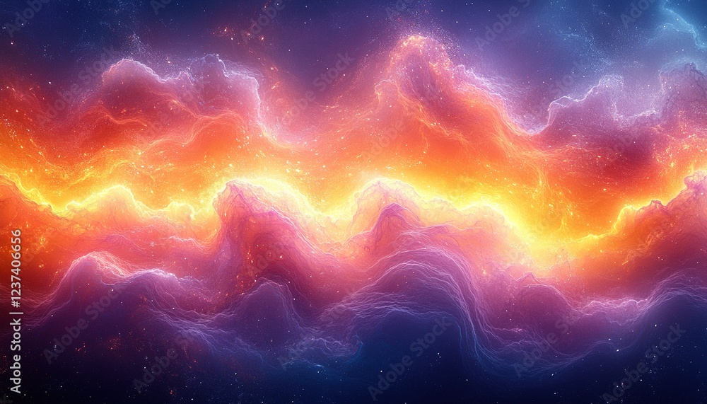 Poster colorful nebula waves with sparkling particles in deep space