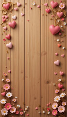 Fototapeta premium Romantic sweet wood wallpaper featuring colorful hearts and flowers for background