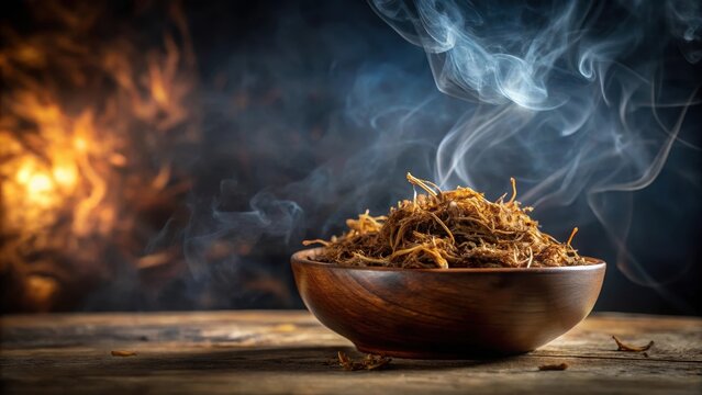 Aromatic roots of Ayurvedic mulethi in a bowl on a dimly lit background with wispy fog and a hint of warm lighting, foggy