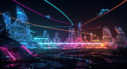 Obraz premium Futuristic Cityscape at Night with Neon Lights and Flying Vehicles, Sci-fi Illustration of Advanced Urban Infrastructure and Technology