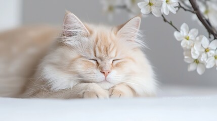 Fluffy cat sleeping peacefully near spring blossoms