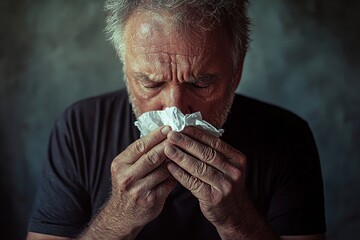 Middle-aged man blowing into tissue in neutral indoor setting with warm light, capturing realistic textures and expressions conveying discomfort and personal care concept of health and wellness
