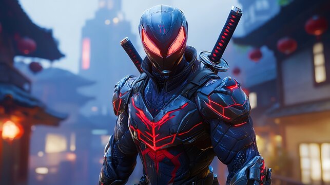 Futuristic ninja warrior in cyberpunk city, katana swords.