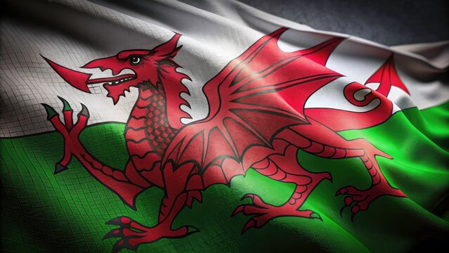 Night photography captures a Welsh business banner; the dragon and flag blaze against the dark.