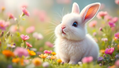 Fototapeta premium Adorable White Bunny in Spring Flowers