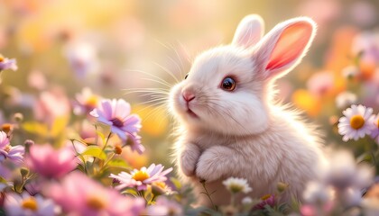 Adorable Baby Bunny in Spring Flowers