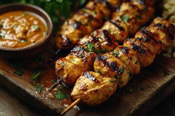 Grilled chicken skewers, peanut sauce, rice.  Food photography for recipe blogs