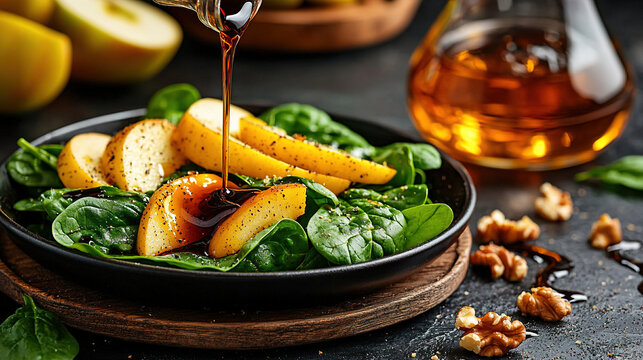 Fresh spinach salad with apple slices, walnuts, and balsamic vinaigrette, soft light in food photography
