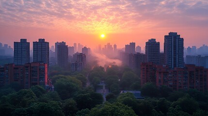 Obraz premium Sunrise Cityscape: Misty Dawn over Urban Towers