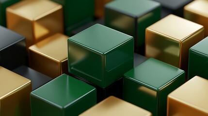 Obraz premium Green cube among gold and black cubes; abstract background for design.