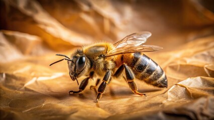 Premium honeybee portrait: rich brown paper background, detailed insect closeup.