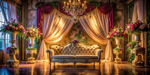Fototapeta premium Romantic wedding setting: lush floral arrangements, elegant drapes, classic sofa, urban flair.