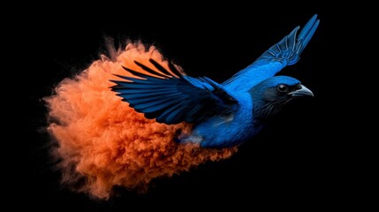 A Splash of Color: A vivid blue bird takes flight, its form dramatically accented by a vibrant explosion of orange color, creating a striking contrast against the backdrop.