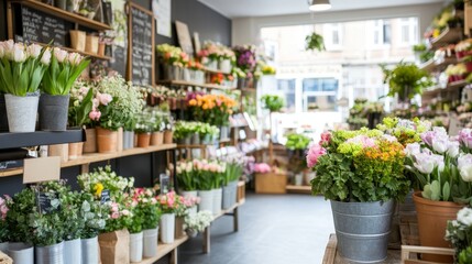An inviting flower shop with vibrant floral arrangements placed in stylish pots. The rich greenery and soft tones contribute to a peaceful and refreshing ambiance. 