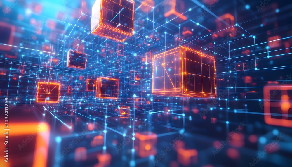 Poster illuminated cubes connected within a digital network