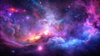 Naklejka premium Vast nebula with vibrant hues of purple and pink, surrounded by numerous stars and a wispy cloud shape, suspended against the inky blackness of space , galaxy scene, cosmic wonder