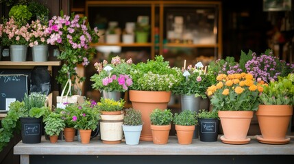 Exquisitely arranged flower pots sit atop a wooden table in a boutique florist shop. The lively colors and delicate petals bring a sense of charm and sophistication to the scene. 
