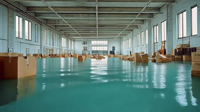 Flooded warehouse with cardboard boxes floating in water during daylight hours