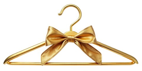 Elegant golden clothes hanger, complete with a delicate bow, against a panoramic white background.