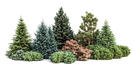 Fototapeta premium Evergreen trees and shrubs collection isolated on white background for landscaping design