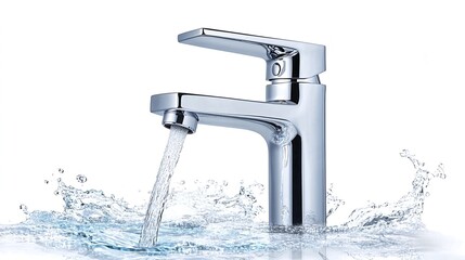 Chrome faucet running water, splash, white background, plumbing