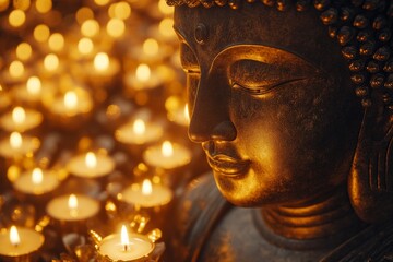 Serene Buddha statue amidst candlelight, temple setting, spiritual peace (1)