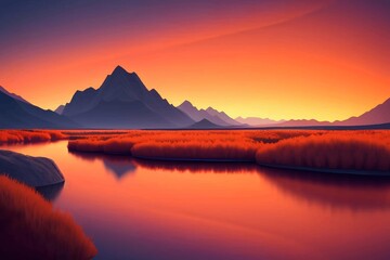 Fototapeta premium Beautiful and Peaceful Nature Scenery Illustration Landscape Countryside Tranquil Vibrant and Colorful