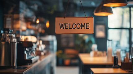 Obraz premium A 'Welcome' sign suspended on a sleek metal frame above the counter of a minimalist coffee shop, with clean lines and modern, neutral tones around it, minimalist and chic