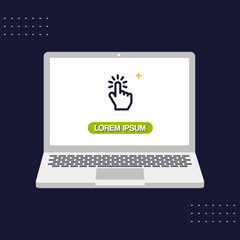 Vector design of computer with cursor icon clicking on the screen on dark background