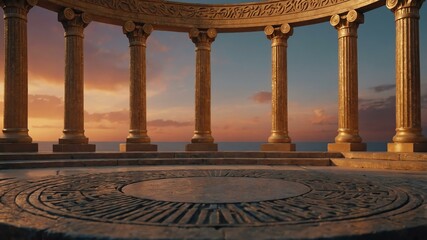 aesthetic ancient greek themed podium on sunset background