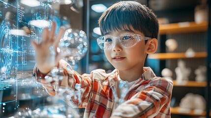 Child exploring holographic display, future tech museum