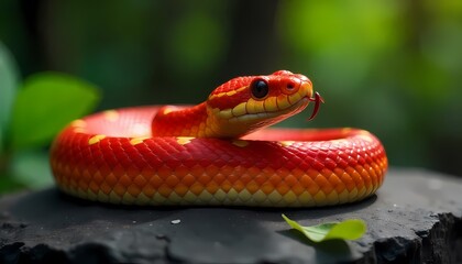 Obraz premium Vibrant Red Snake Close Up in Lush Green Nature