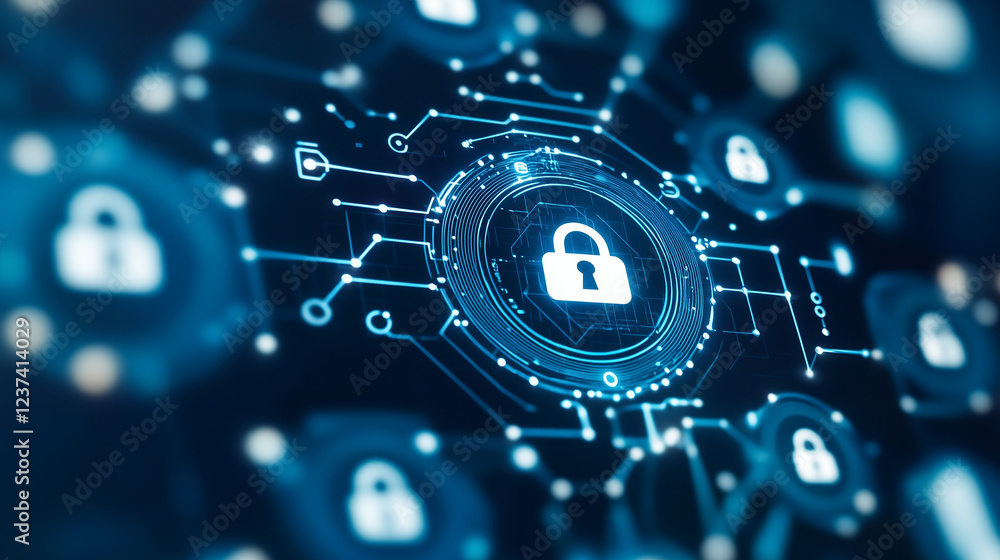 Poster cybersecurity network protection: abstract digital illustration depicting a central padlock surround